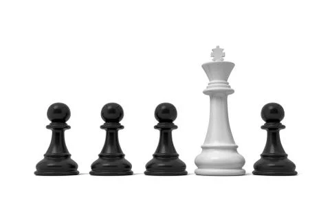 3d rendering of a row of black pawn pieces with a single white king figure Stock Illustration