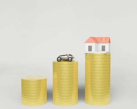 3d rendering ,a row of coins and a small house model,car Stock Illustration