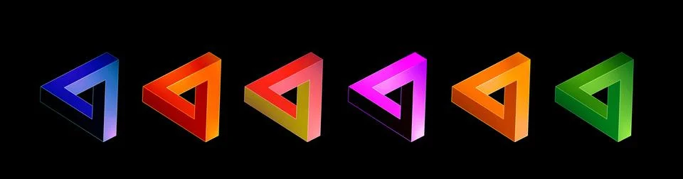3D rendering of a row of colorful triangular shapes on black background 写真素材