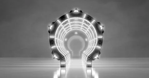 3d rendering. A row of futuristic Sci-Fi arches with white neon lighting in a Stock Illustration