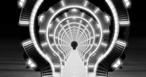 3d rendering. A row of futuristic sci-fi arches with white neon lighting in a Illustrazione stock