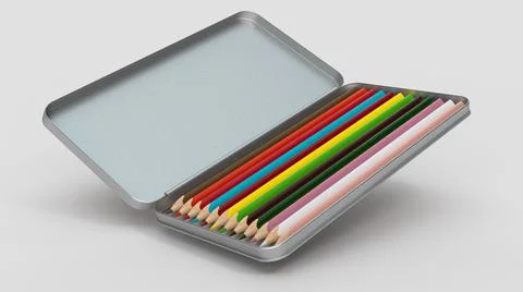 3D rendering of a row of pencils in rainbow colors in open silver box isolated Stock Illustration