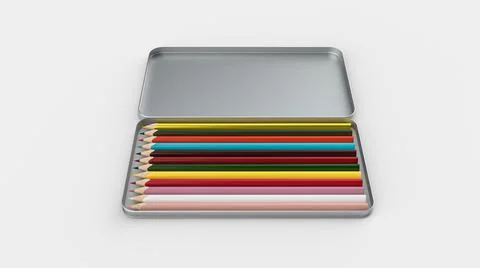 3D rendering of a row of pencils in rainbow colors in an open silver box Stock Illustration