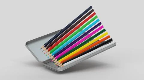 3D rendering of a row of pencils in rainbow colors in an open silver box flying Stock Illustration