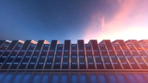 3d rendering of rows of network servers machine farm cloud computing hardware Stock Photos