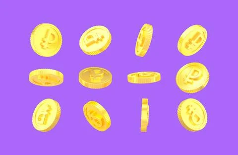 3d rendering rubbles Coins. Golden coin with ruble sign floating and isolated on Stock Illustration