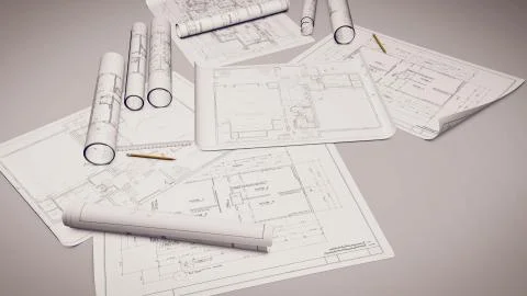 3d rendering. Ruler and Pencils on a blueprints. Stock Illustration