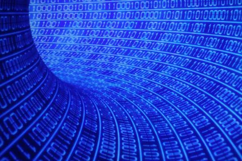 3D rendering of running binary codes on a blue blurry background Illustrazione stock