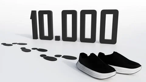 A 3d rendering of running shoes and the number "10,000" Stock Illustration