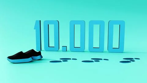 A 3d rendering of running shoes and the number "10,000" Stock Illustration