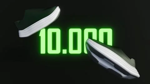A 3d rendering of running shoes and the number "10,000" Stock Illustration