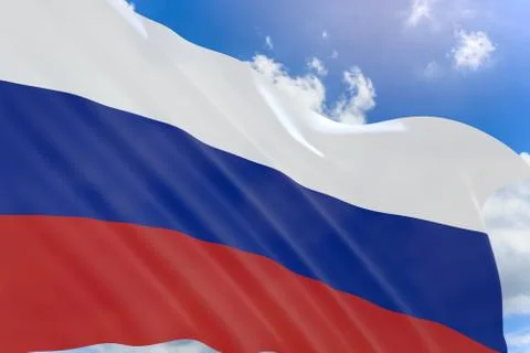 3D rendering of Russia flag waving on blue sky background Stock Photos