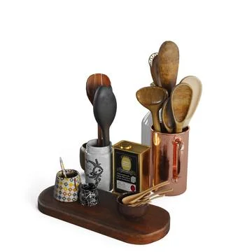 3d rendering of a rustic wooden table with multiple kitchen utensils and pots ar Ilustración de archivo