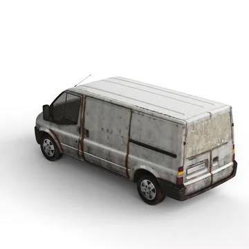 3d rendering of a rusty, dirty van parked on a white surface Stock-Illustration