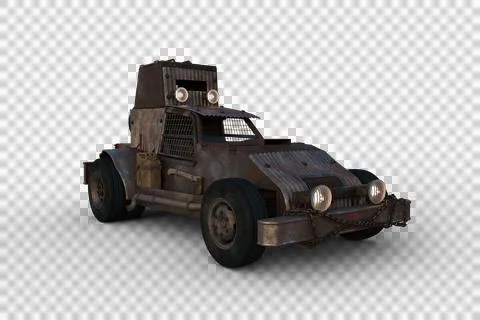 3D rendering of a rusty post apocalyptic concept car isolated on transparent  Stock Illustration