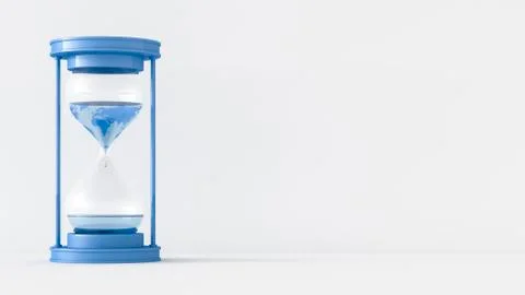 3D Rendering, sand clock with world texture, water drops, copy space Ilustración de archivo