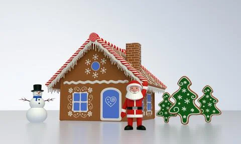 3D rendering. Santa Claus and snowman stands near the gingerbread house Stock Illustration