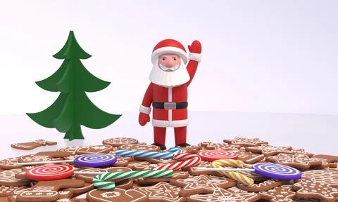 3D rendering. Santa Claus stands on the ice and waves his hand over a scattering Stock Illustration