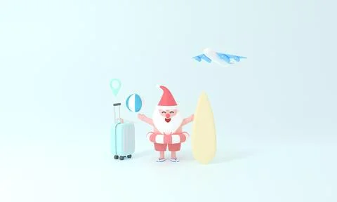 3D rendering Santa Claus on suitcase travel.magic of Summer Christmas Ilustração Stock