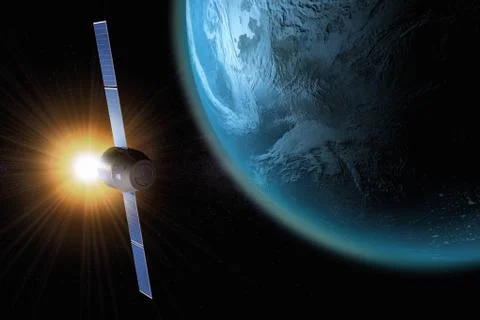 3D rendering of a satellite orbiting the earth Stock Illustration