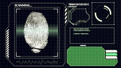 3D rendering of  Scanning human fingerprint. Interface HUD. Technology backgr Stock-Illustration