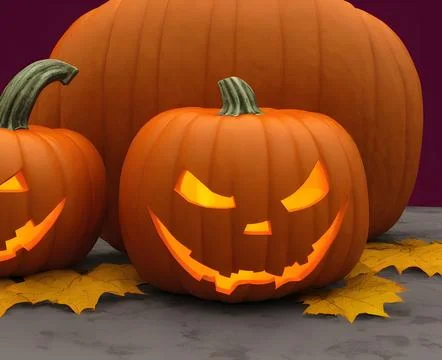 3D rendering of scary Halloween pumpkins with maple leaves on a gray surface Stock Illustration