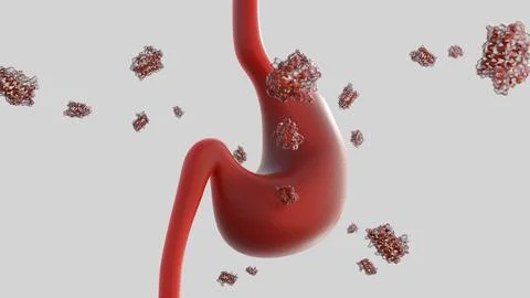 A 3d rendering of scattered leptin molecules and human stomach. Stock Illustration