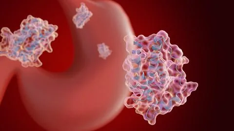 A 3d rendering of scattered leptin molecules and human stomach. Stock Illustration