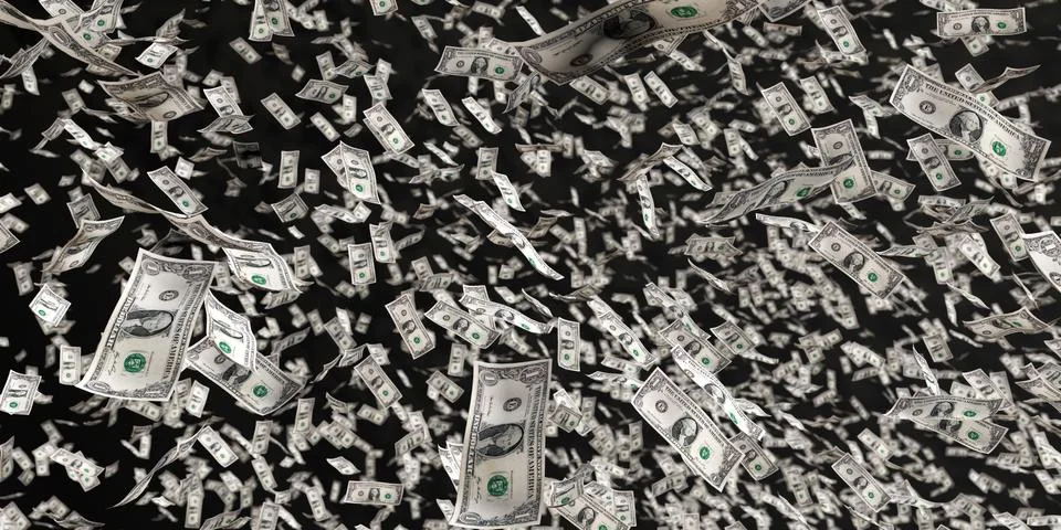 3d rendering of scattered us dollars on black Stock Illustration