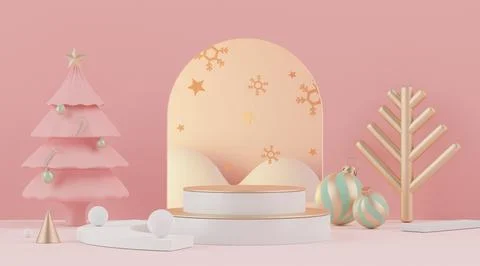 3d rendering scene of Christmas holiday concept decorate with tree and disp.. Stock Illustration