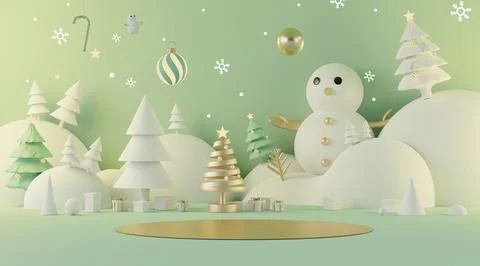3d rendering scene of Christmas holiday concept decorate with tree and disp.. Stock Illustration