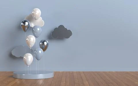 3d rendering scene with glossy balloons, podium. Stock Illustration