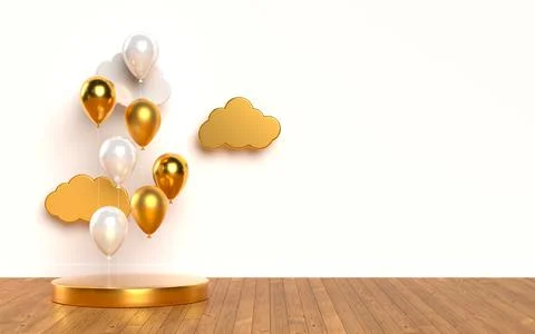 3d rendering scene with glossy golden balloons. 스톡 일러스트