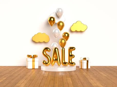 3d rendering scene with glossy golden sale. Ilustración de archivo