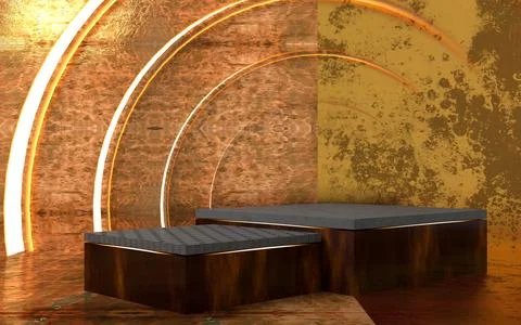 3d rendering schene with gold grunge eements and podium Illustrazione stock
