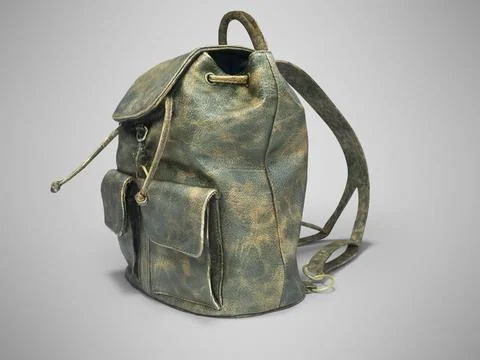 3D rendering school backpack leather green with scuffs on gray background ... Stock Photos