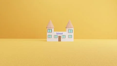 3D rendering of a school building on a yellow background, back to school concept Fotos de archivo