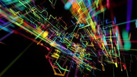 3d rendering sci-fi bg like abstract hologram. Multicolor neon glow lines form Stock Illustration