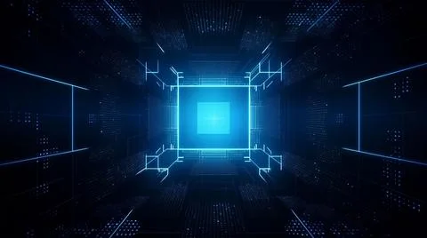 3D rendering of a sci-fi hallway with geometric shapes and blue neon lights Stock Illustration