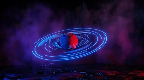 3D rendering. Sci Fi modern futuristic bright space planet with rings. Abstra Stock Illustration