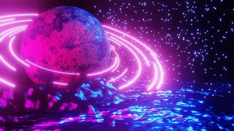 3D rendering. Sci Fi modern futuristic bright space planet with rings. Abstra Stock Illustration