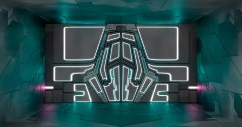 3D rendering. sci-fi neon illuminated door. Graphic illustration of the fut.. Stock Illustration