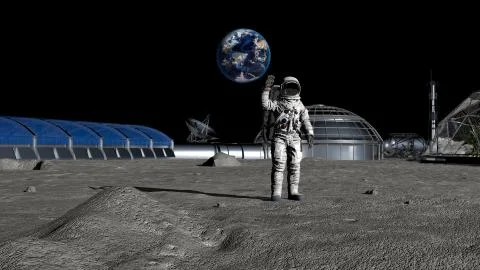 3D rendering. Sci-fi scene. The colony of the future on the moon. Astronaut w Stock Illustration