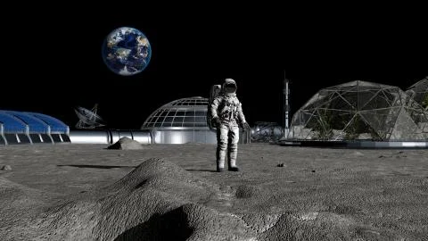 3D rendering. Sci-fi scene. The colony of the future on the moon. Astronaut w Stock Illustration