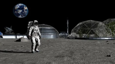 3D rendering. Sci-fi scene. The colony of the future on the moon. Astronaut w Stock Illustration