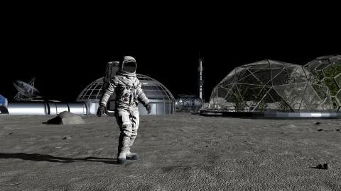 3D rendering. Sci-fi scene. The colony of the future on the moon. Astronaut w Stock Illustration