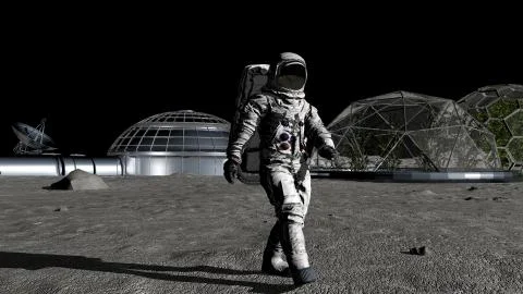 3D rendering. Sci-fi scene. The colony of the future on the moon. Astronaut w Stock Illustration