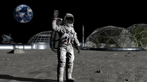 3D rendering. Sci-fi scene. The colony of the future on the moon. Astronaut w Stock Illustration