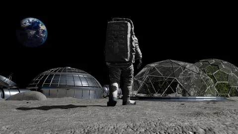 3D rendering. Sci-fi scene. The colony of the future on the moon. Astronaut w Stock Illustration