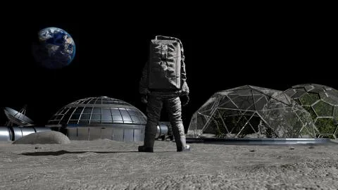 3D rendering. Sci-fi scene. The colony of the future on the moon. Astronaut w Stock Illustration